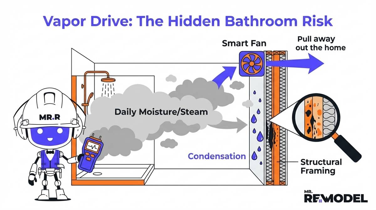 An architectural cutaway infographic showing 'The Airtight Trap,' where moisture from a shower is trapped by modern insulation and forced into structural wall cavities, causing hidden rot and mold.
